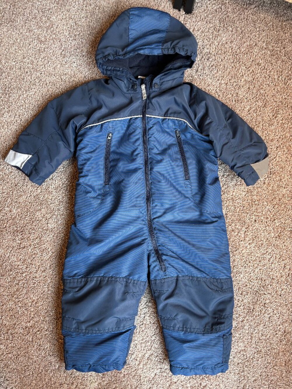 H&M Baby Boy One-Piece Winter Snowsuit Bunting Blue Striped Hooded 9-12 Months